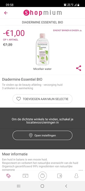 Shopnium 1€ cashback bij aankoop v diadermine...