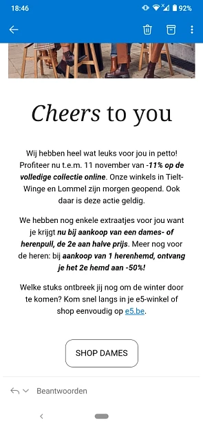 Bij E5 mode: 2e aan halve prijs op alle dam...