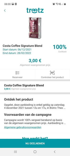 Treetz 100% cashback costa coffee signature...