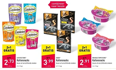 Aldi 2+1 catisfactions kattensnack, sheba kat...