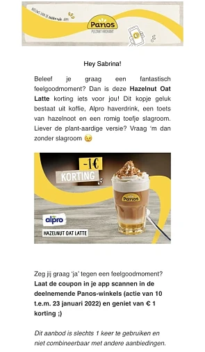 1 euro korting op de Hazelnut Oat Latte bij P...
