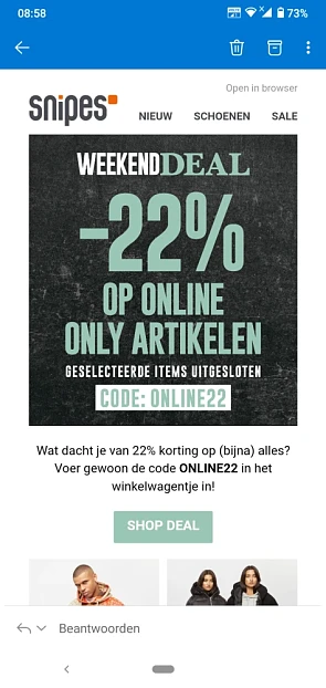 Bij snipes is er 22% korting op (bijna) alles...