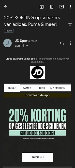 20% korting op selectie schoenen, van oa adid...