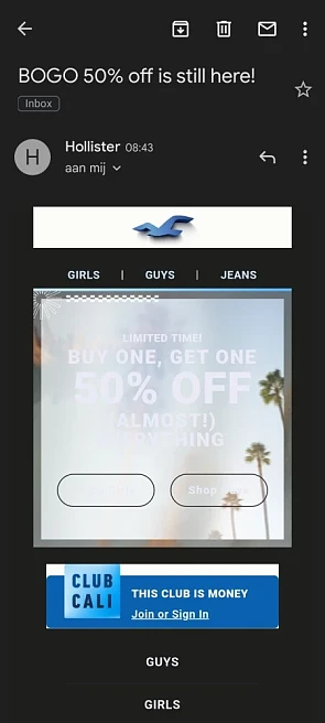 Bij Hollister 1 kopen is 2e aan -50% (op bijn...