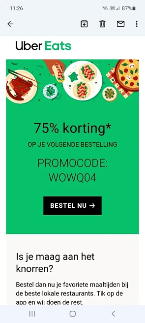 75% korting bij min 20eur met een max van 20e...