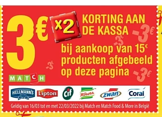 Match bon €3 (x2) korting aan de kassa bav €1...