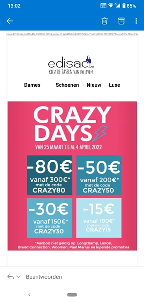 €15 korting bij aankoop vanaf €100 Code CRAZY...