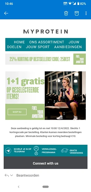 Bij myprotein is er 1+1 gratis op een selecti...