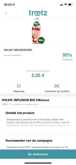 Via Treetz (app) 50% terugbetaald op Volvic i...