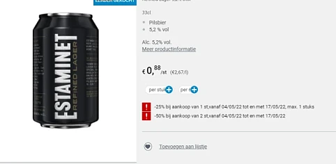 Estaminet pils vanaf volgende woensdag 50% in...