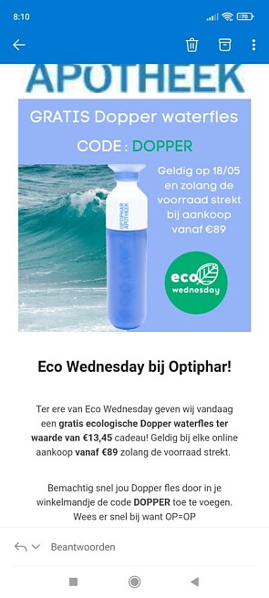 gratis ecologische Dopper waterfles ter waard...