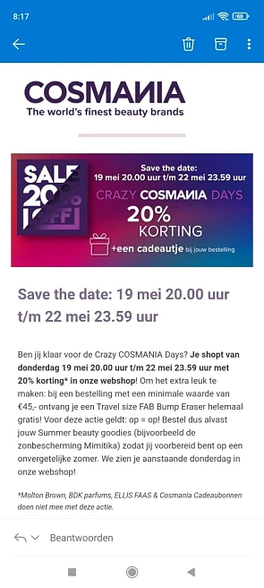 Bij cosmania.nl shop je van 19/5 20.00 uur t/...