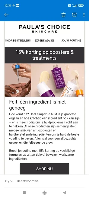 Bij paula's choice skin care is er 15% kortin...