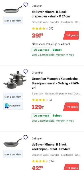 1+1 gratis op pannen bij bol.com, ook op deBu...