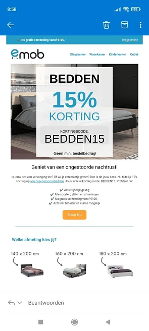 15% korting op alle tweepersoonsbedden
