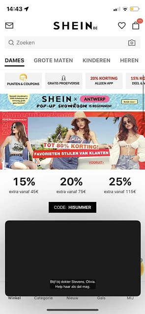 Bij Shein 15% korting extra vanaf €45 20% kor...