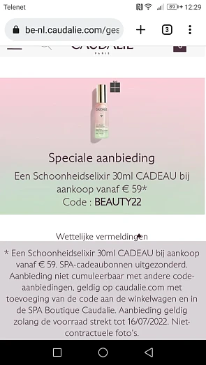 Bij aankoop v 59€ gratis 30ml schoonheidselix...