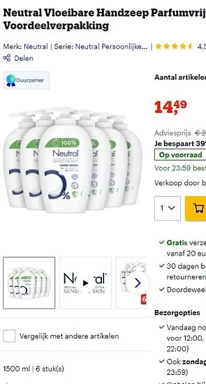 Bij Deals Neutral handzeep zonder alcohol bes...