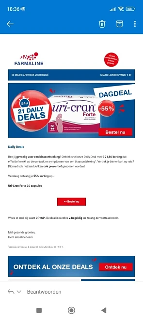 Dagdeal bij farmaline: -55% op Uri-Cran Forte...