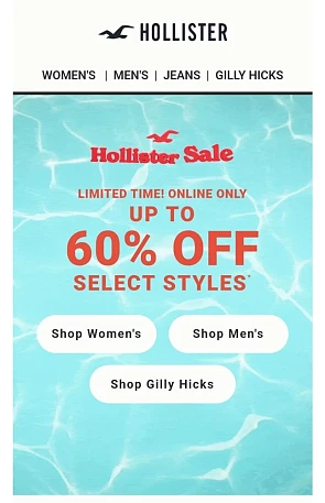 Tot 60% korting bij Hollister. Alleen online