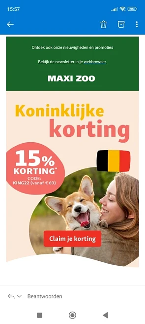 15% korting bij aankoop vanaf €69 bij maxizoo...
