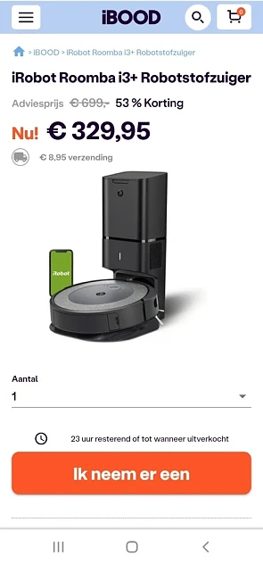 ibood.com enkel vandaag irobot roomba i3+ rob...