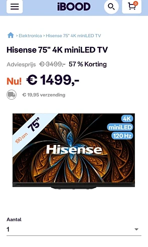 ibood.com enkel vandaag hisense tv 75U9GQ nu...