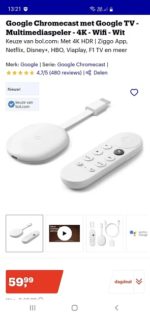 Dagdeal bij Bol.com Google Chromecast met Go...