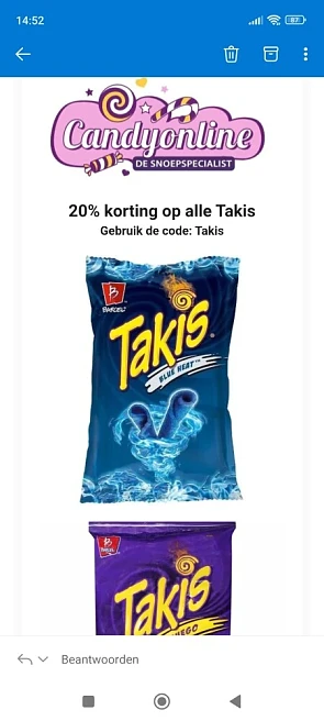 20% korting op alle Takis