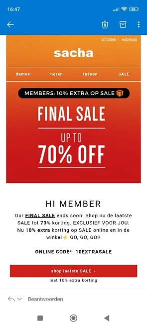 Solden tot -70% en met de code krijg je 10% e...