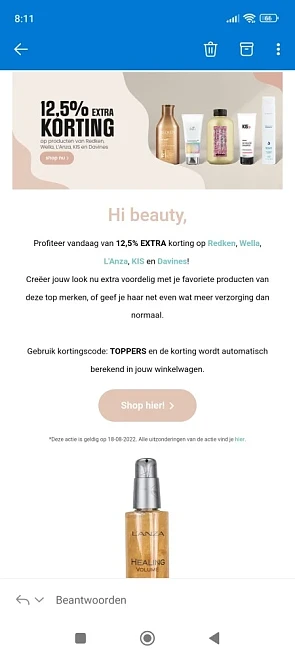 12,5% EXTRA korting op Redken, Wella, L'Anza,...
