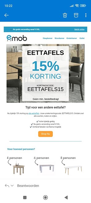 15% korting op eettafels