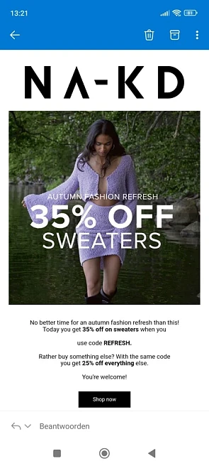 35% korting op sweaters en 25% op andere aank...