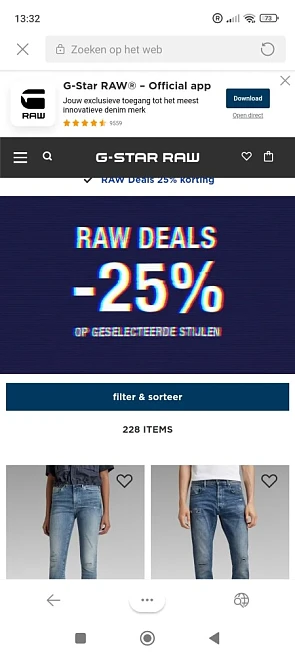 Bij g star raw is er 25% korting op een selec...