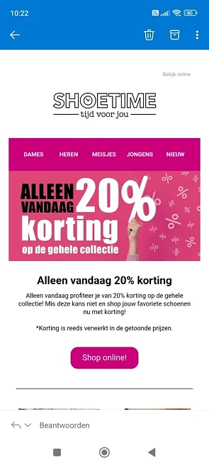 Bij shoetime.nl is er enkel vandaag 20% korti...