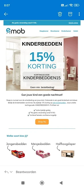 15% korting op alle kinderbedden.