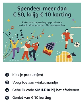 10 € korting bij 50 € aankoop bij Amazon Belg...
