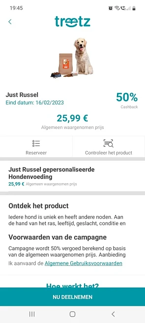 Treetz 50% cashback just russel hondenbrokken