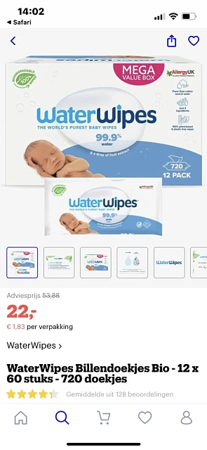 Waterwipes 720 doekjes voor 22€😀 op www.bol....