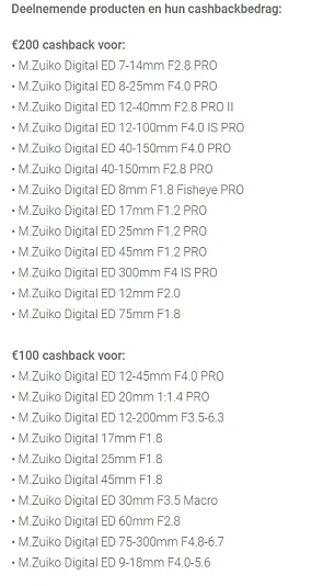 OLYMPUS Tot €200 op de meeste M.Zuiko lenzen...