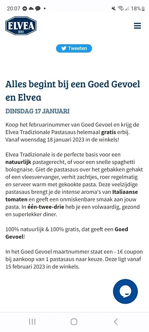 Gratis pasta saus Elvea bij aankoop van het m...