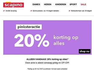 Bij scapino.nl is er 20% korting op alles, Ge...