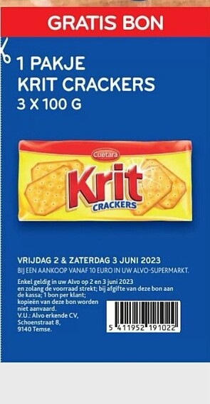 Alvo in folder bon gratis krit crackers vanaf...