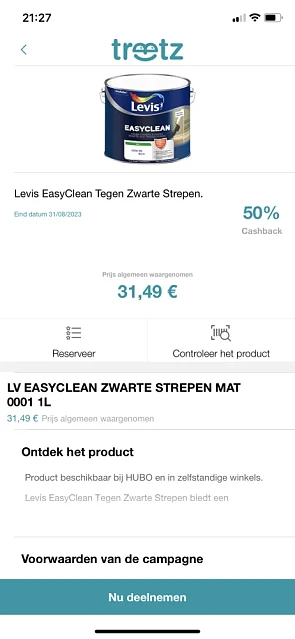 Op app TREETZ 50% cashback Levis EasyCle...