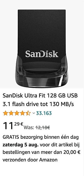 SanDisk Ultra Fit USB stick van 128GB Slechts...