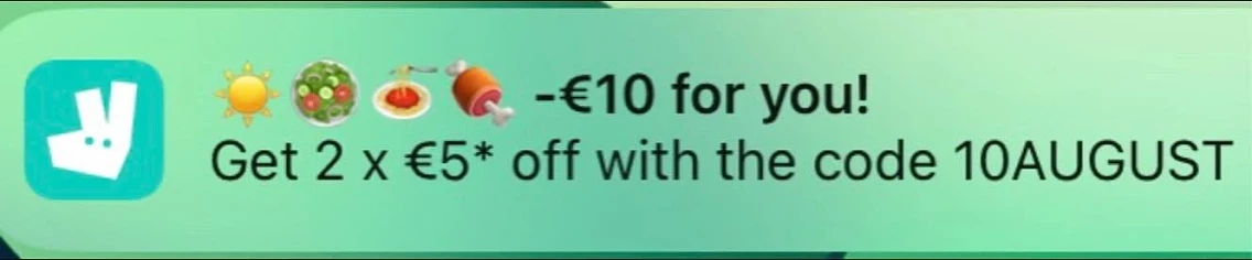 2x 5€ korting bij DELIVEROO 🤩 ✅ Code 10AUGU...