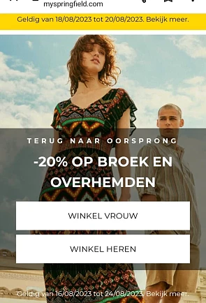 myspringfield.com -20% op broek en overhemden...