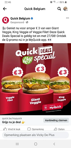 Via de app van Quick kan je nu voor €3 de veg...