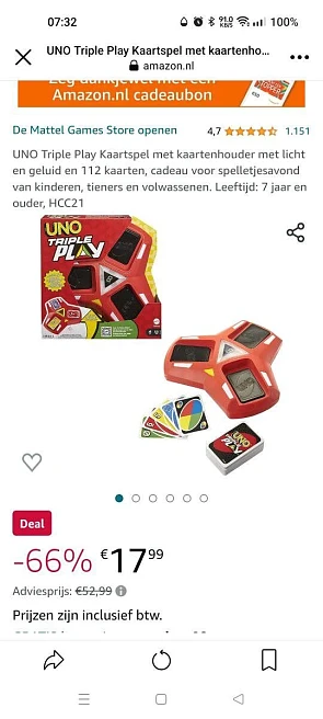 Triple uno -66% bij amazon.nl. Van €52,99 na...