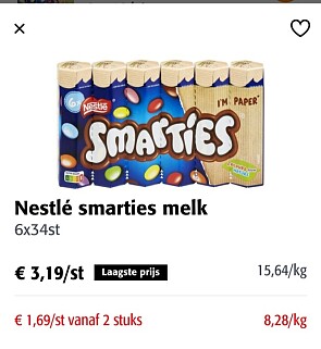 Colruyt smarties 6x34 vanaf 2 stuks €1,69/st...